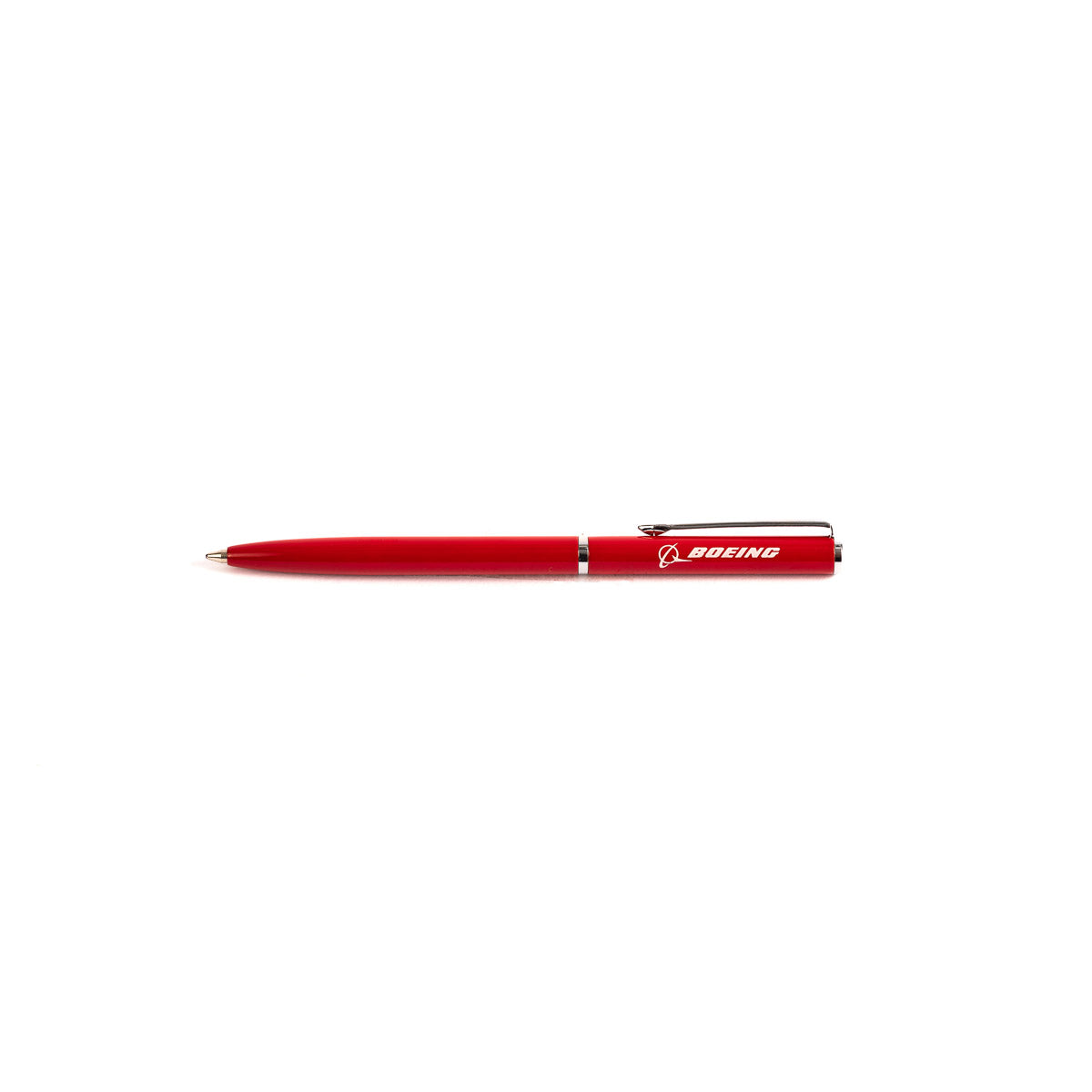 The Boeing Stores Mini Slim Ballpoint Pen features a sleek red finish with a silver clip and tip, displaying the Boeing logo in white. It lies horizontally on a white background, highlighting its stylish design and precision craftsmanship.