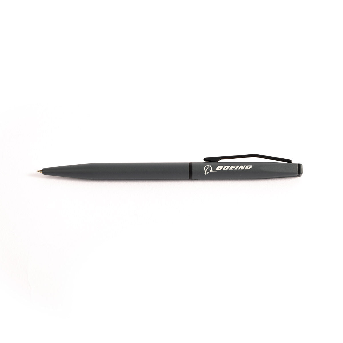 The Boeing Square Twist Ballpoint Pen from The Boeing Store has a slim aluminum barrel, a clip, and features the white Boeing logo and name on its side, displayed against a plain white background.
