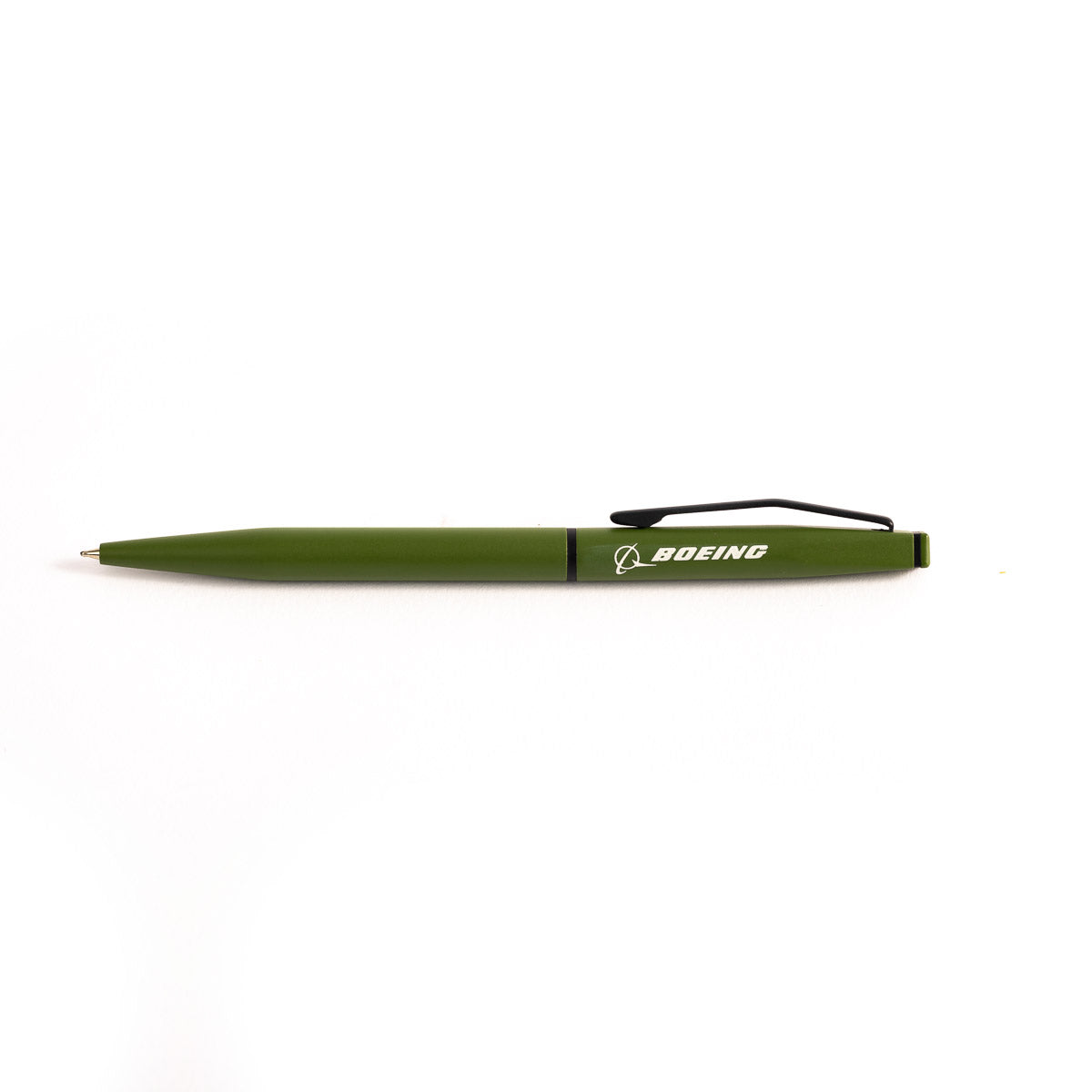 The Boeing Square Twist Ballpoint Pen by The Boeing Store features a slim green aluminum barrel, black clip, and "BOEING" with the company logo in white, shown on a plain white background.