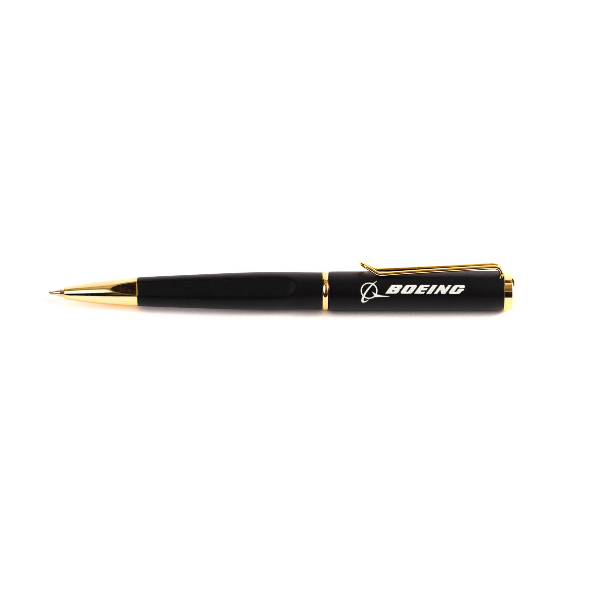 The Boeing Stores Boeing Empress Ballpoint Pen features a 0.7 mm gold tip, clip, and accents set against a sleek black and gold aluminum body, elegantly positioned horizontally on a plain white background.