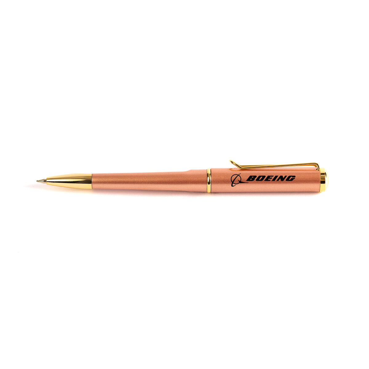 A Boeing Empress Ballpoint Pen from The Boeing Store, featuring a bronze finish with gold accents, including a clip and 0.7 mm tip, is showcased against a white backdrop. The aluminum barrel displays an etched Boeing logo.