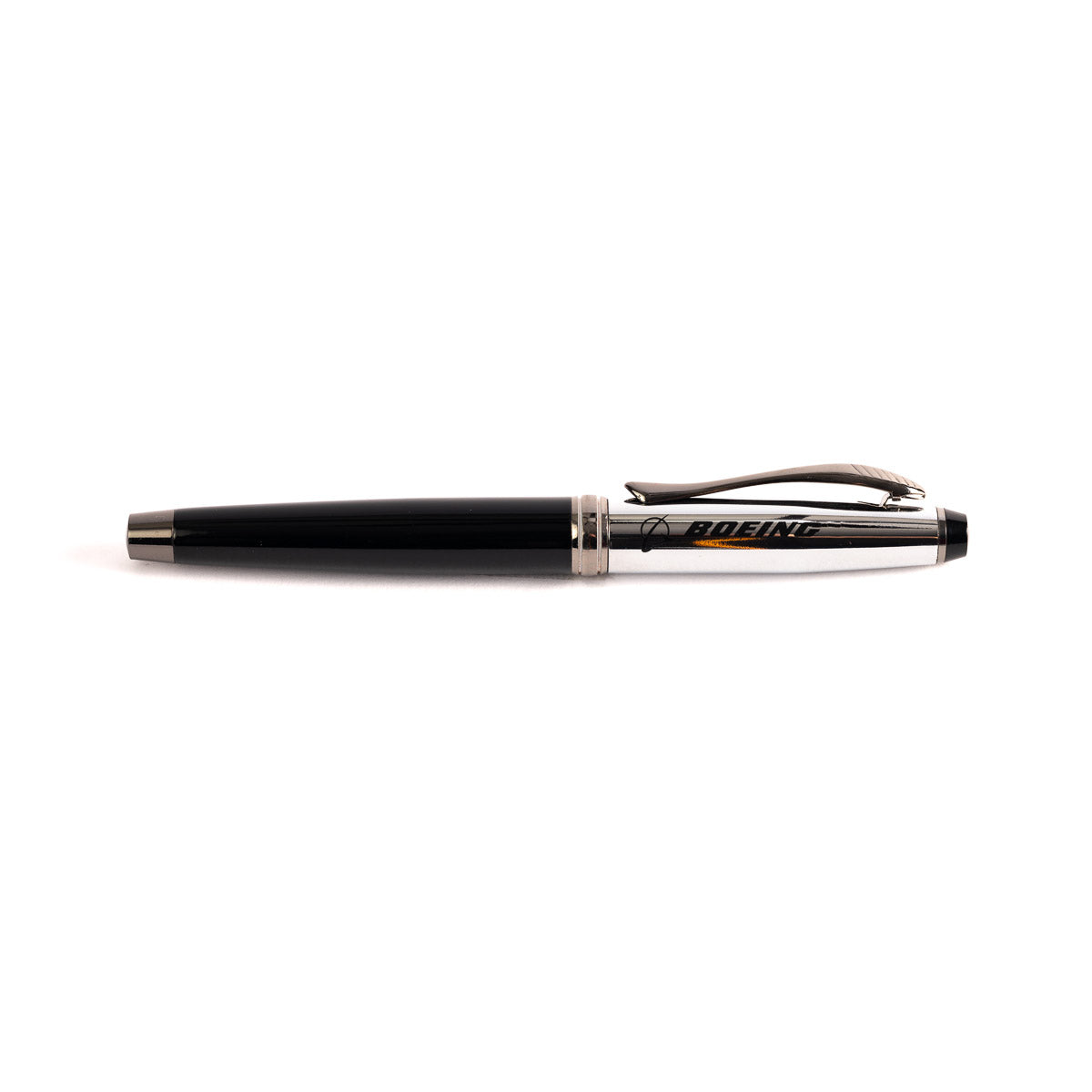 The Boeing Leaf Rollerball Pen by The Boeing Store features a black and silver brass barrel with the Boeing logo and text. Includes a German-made refill for smooth writing. Shown horizontally on a white background.