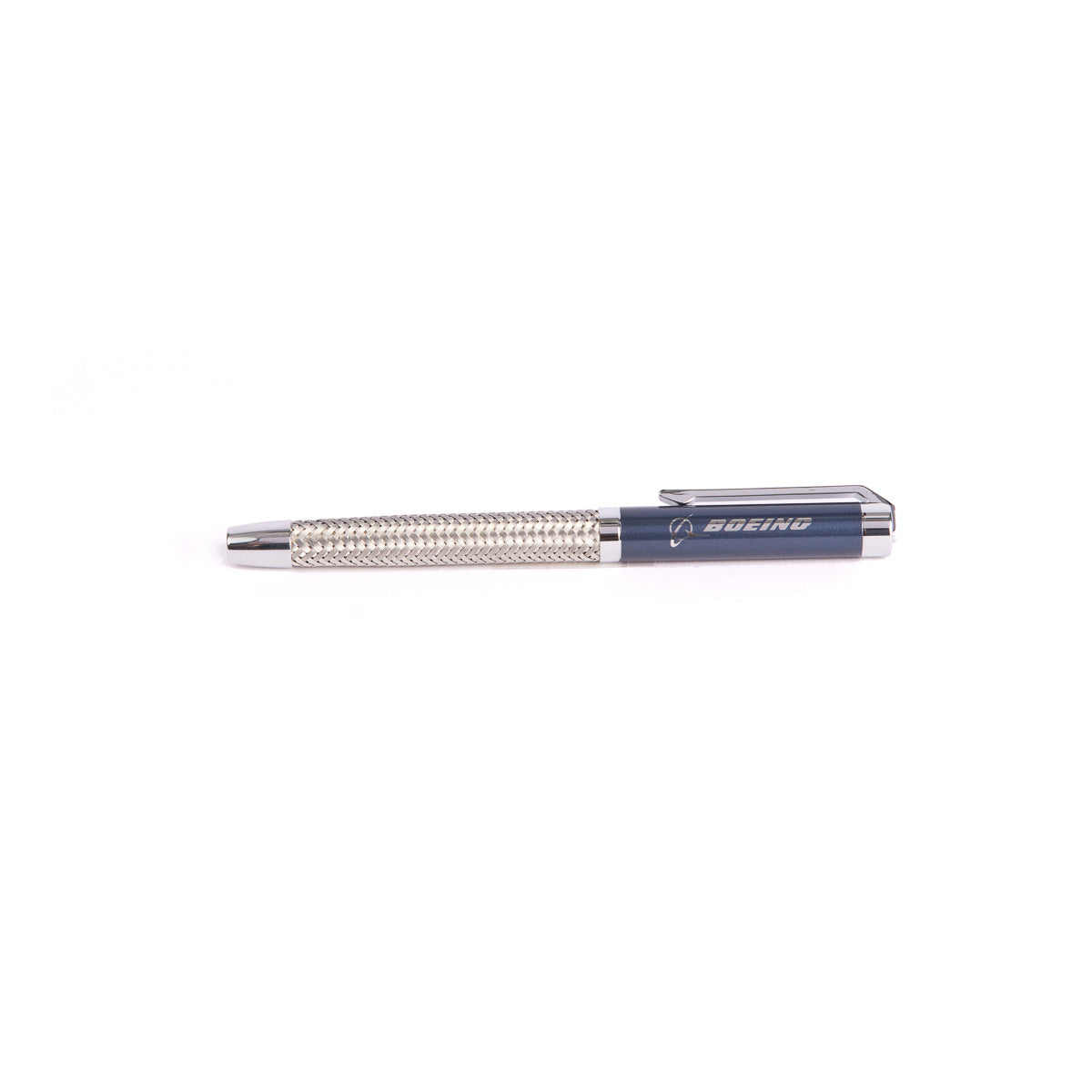 The Boeing Stores sleek and stylish Boeing Braided Steel Pen boasts a dark blue body, silver textured grip, and the iconic Boeing logo on the cap. Perfect against a plain white background, it makes an impressive addition to any pen set.