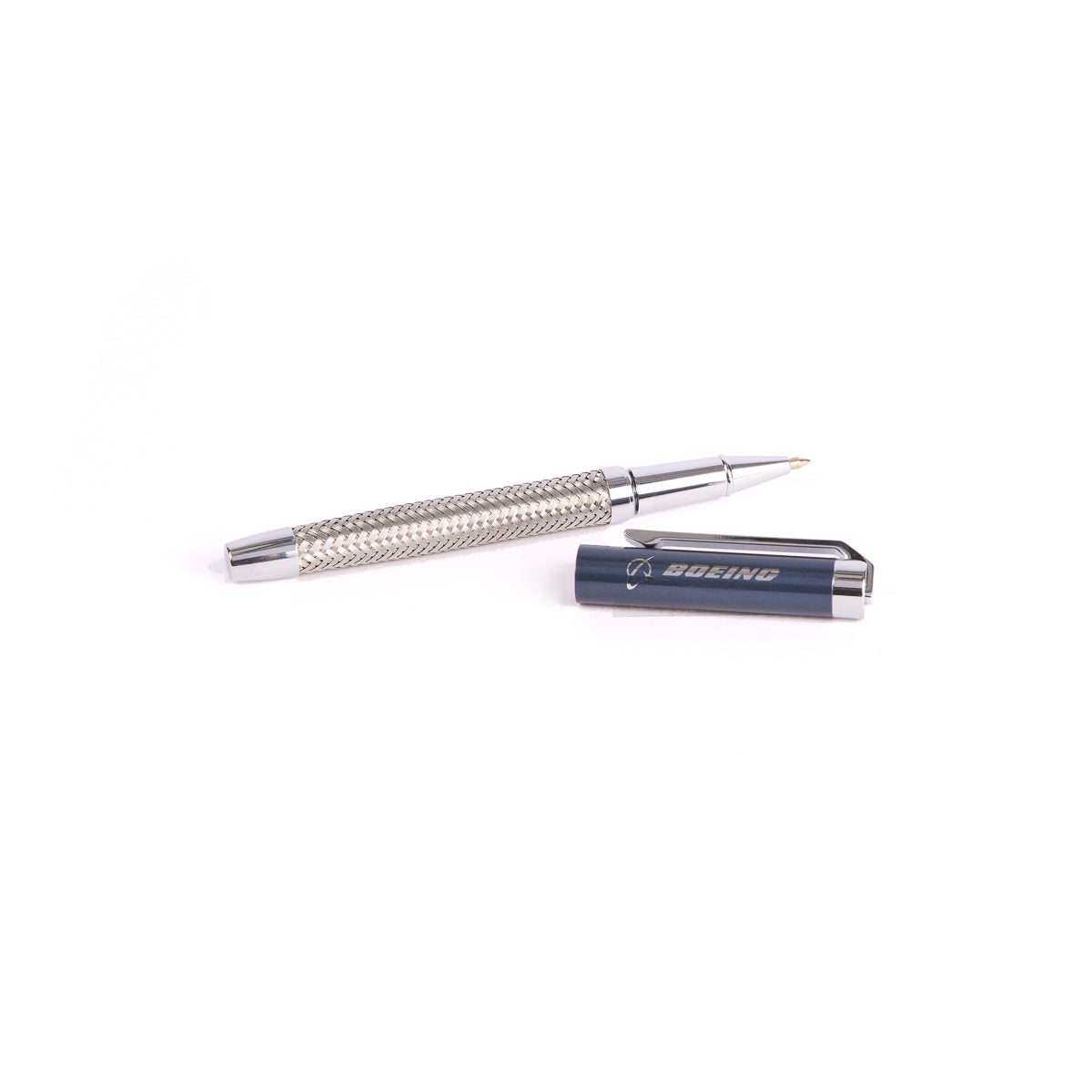 A sleek pen from The Boeing Stores Braided Steel Pen Set lies on a white background. The textured grip and cap, featuring the Boeing inscription, make it an elegant choice for any collection or sophisticated set.