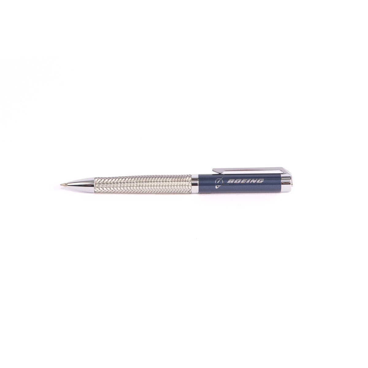 The Boeing Store offers the sleek Boeing Braided Steel Pen, featuring a textured grip with a blue cap branded in white. This elegant pen, displayed horizontally on a white background, is part of an exclusive set that complements any gift box.