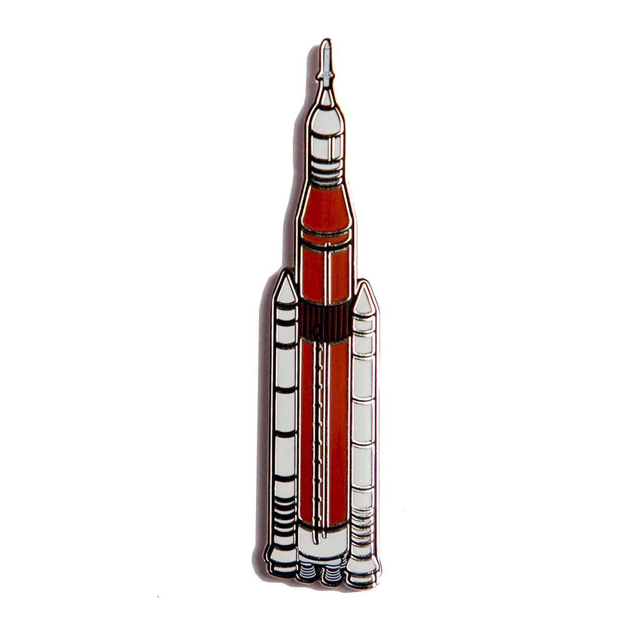 Depicting a sleek vertical space rocket with a red central body and white boosters on a plain white background, the Boeing SLS Illustrated Magnet by The Boeing Store captures vibrant, bold enamel-like hues.