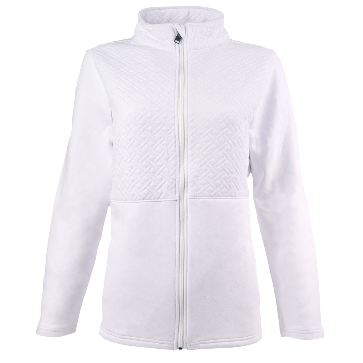 The Boeing Store’s Signature Logo Women’s Quilted Full-Zip features a high collar, quilted textured upper, soft knit fabric, long sleeves, side pockets, and a subtle Boeing logo.