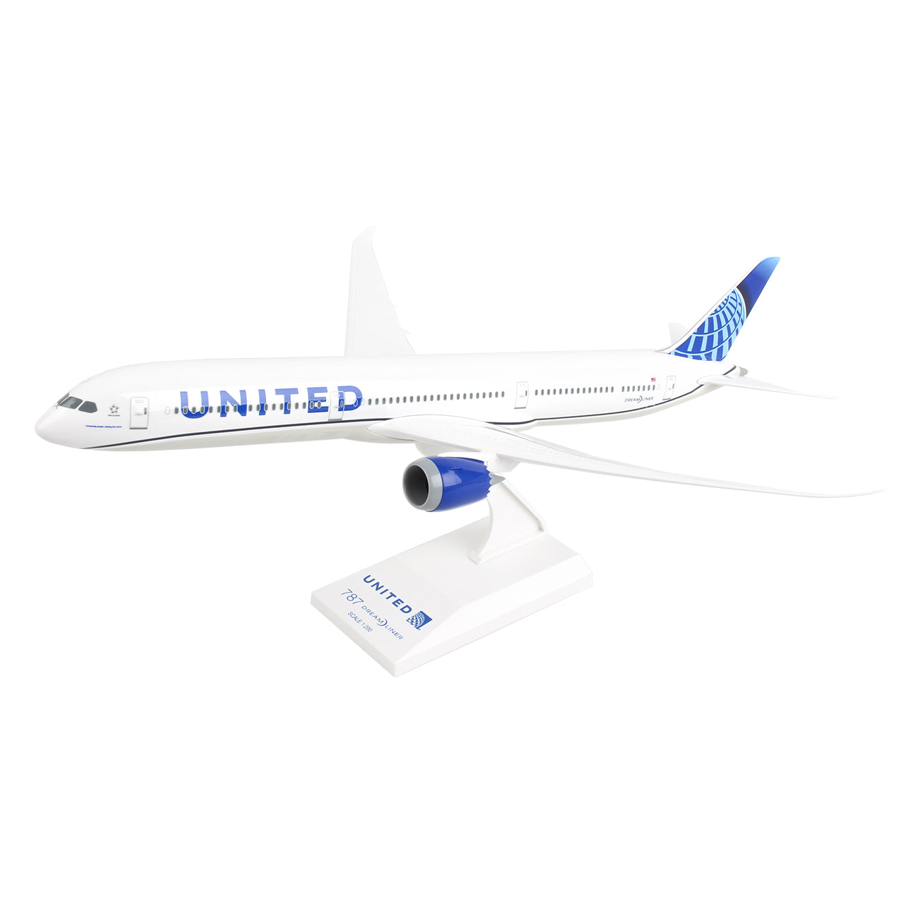 The Daron United Airlines Boeing 787-10 1:200 model, crafted from injection molded plastic, elegantly captures the essence of a white aircraft with blue accents. It includes a stand to impeccably showcase its design and branding.