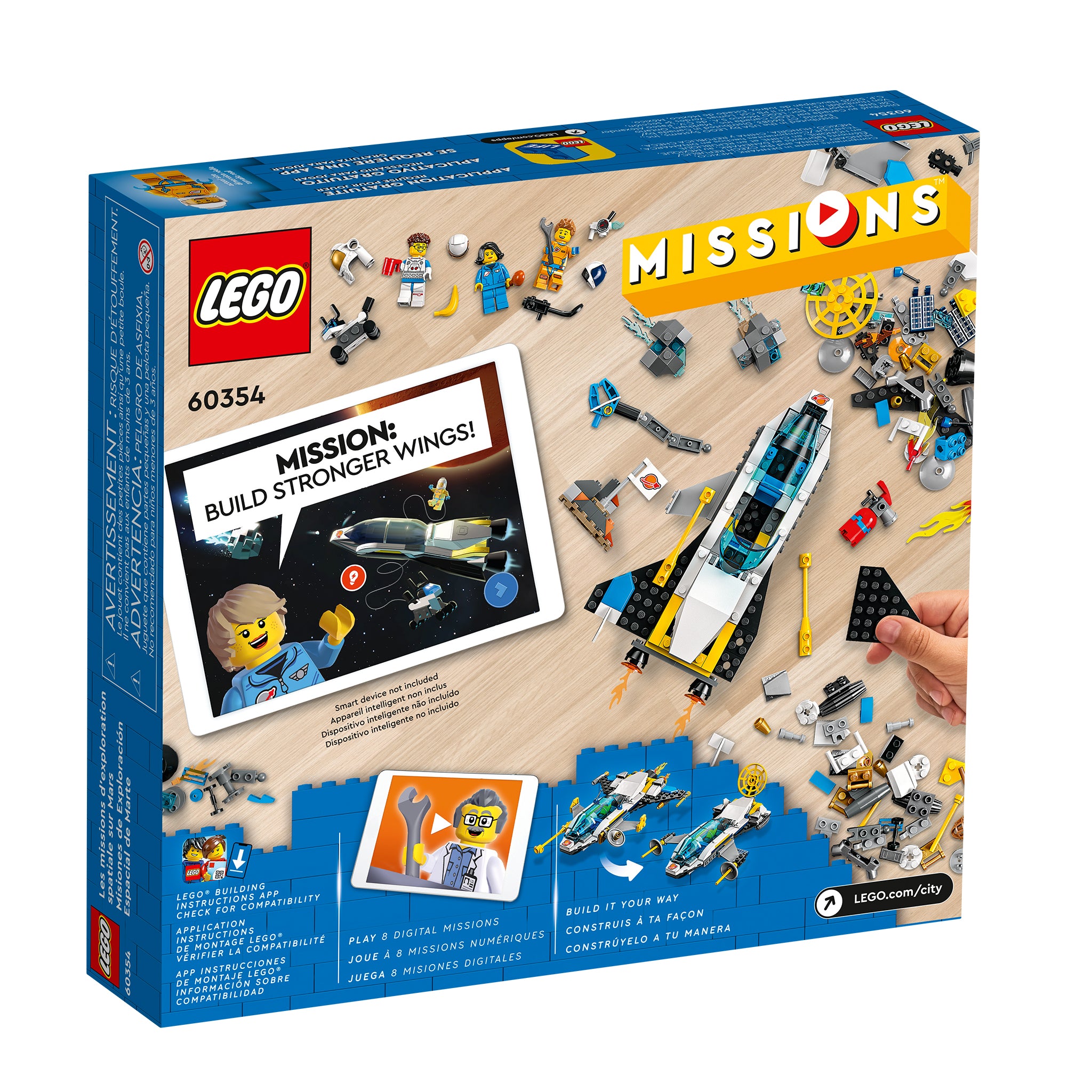 Back of a LEGO® Mars Spacecraft Exploration box featuring a spaceship, minifigures, and bricks on a table. Text highlights the mission to “Build Stronger Wings!” with interactive play shown on a tablet.