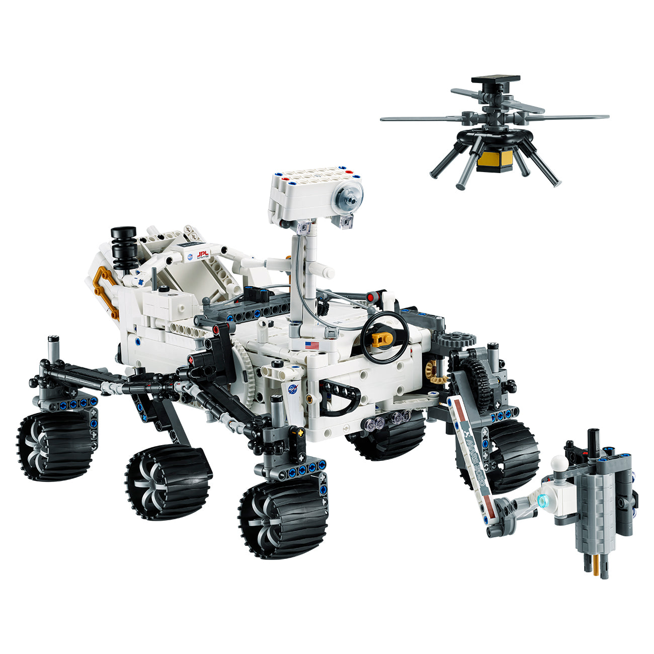 The LEGO® NASA Mars Rover Perseverance by LEGO features 360° steering, six wheels, a robotic arm, camera mast, and a drone-inspired helicopter displayed above and to the right of the rover.