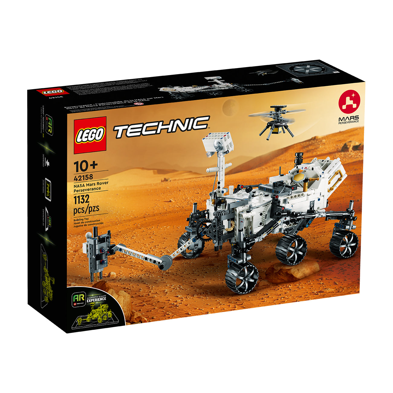 The LEGO® NASA Mars Rover Perseverance set by LEGO includes 1,132 pieces for ages 10+, features 360° steering, and depicts the assembled rover with Ingenuity on a Mars landscape.