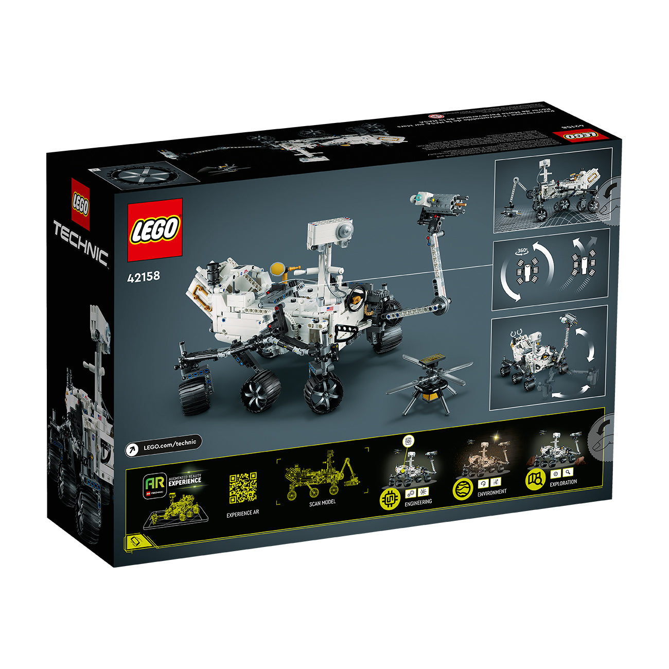 LEGO® NASA Mars Rover Perseverance by LEGO features 360° steering and detailed rover design. The box displays the rover and mini helicopter on a dark background, highlighting multiple views and intricate details.