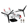The COBI Boeing V-22 Osprey Building Kit from The Boeing Store includes a white aircraft model with black and red accents, vertical tiltrotor propellers, a black stand, and two small pilot figures in uniform.