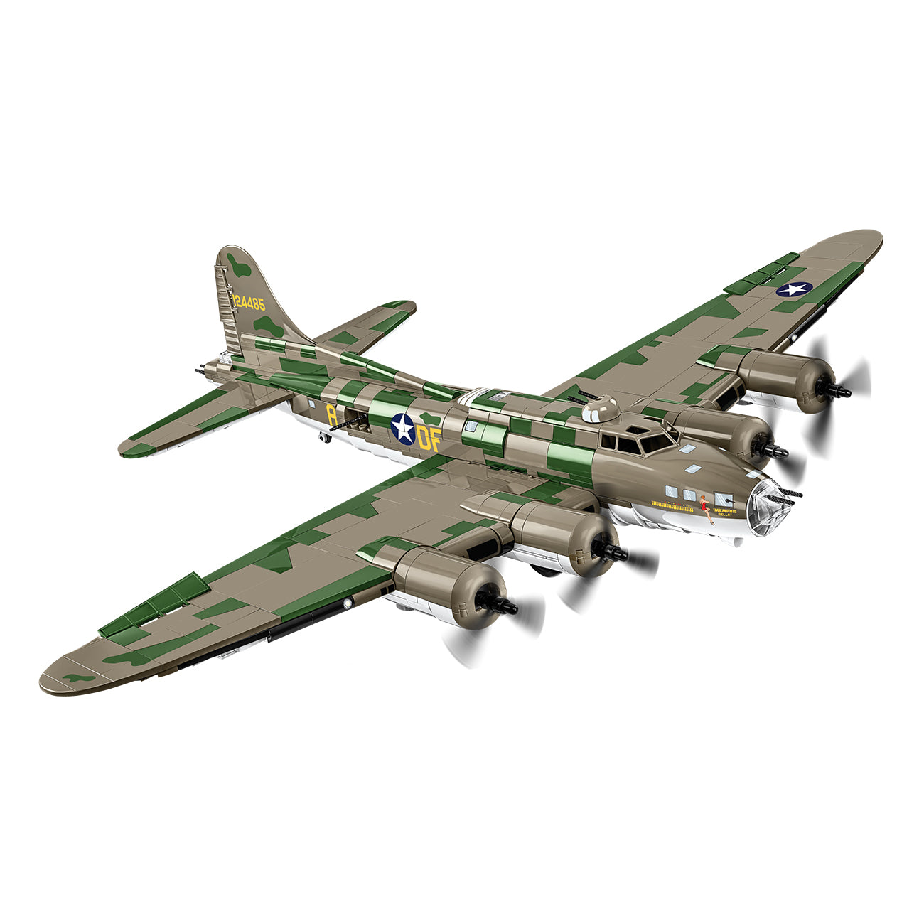 The COBI Boeing B-17 Flying Fortress Memphis Belle Building Kit, offered by The Boeing Store, showcases green and brown camouflage with four propellers and vintage military insignia, flying slightly leftward against a plain backdrop.