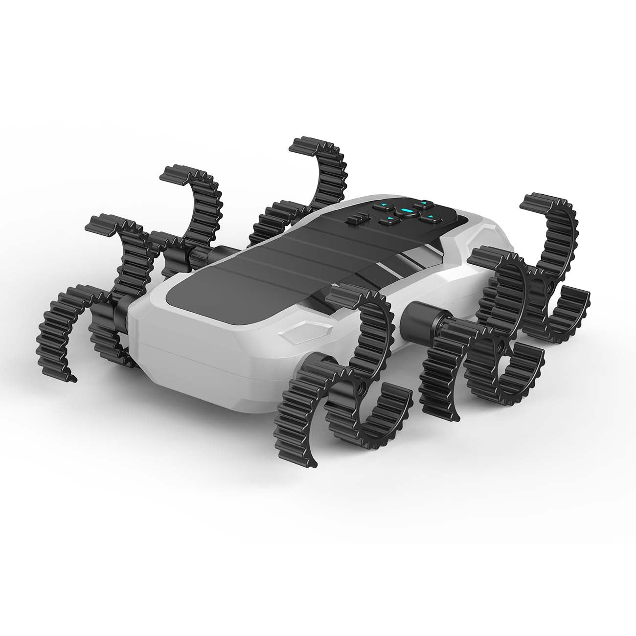 The OWI Cyber Crawler Robot Kit from The Boeing Store is a white and black robotic toy, featuring four pairs of curved, gear-like legs resembling an insect or spider. Its an ideal robotics kit for building programming skills and is shown on a white background.