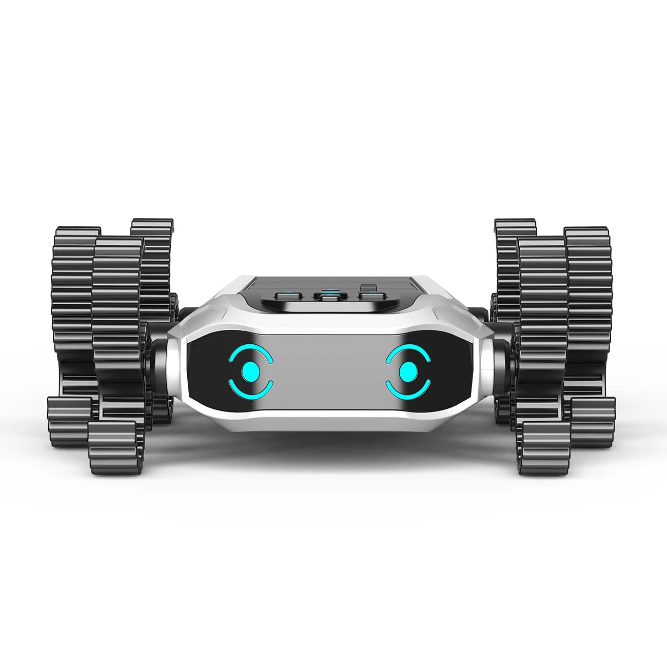 The Boeing Store’s OWI Cyber Crawler Robot Kit features a compact, futuristic robot with dual blue lights and sturdy black treads—shown front-facing on white—making it an ideal addition to any robotics kit.