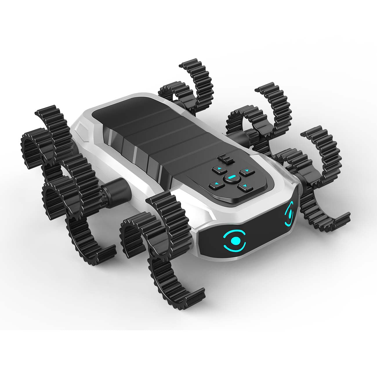 The Boeing Stores OWI Cyber Crawler Robot Kit features a futuristic silver and black design with six spiral-tread legs, glowing blue eyes, and top buttons—perfect for remote control fun or boosting programming skills.