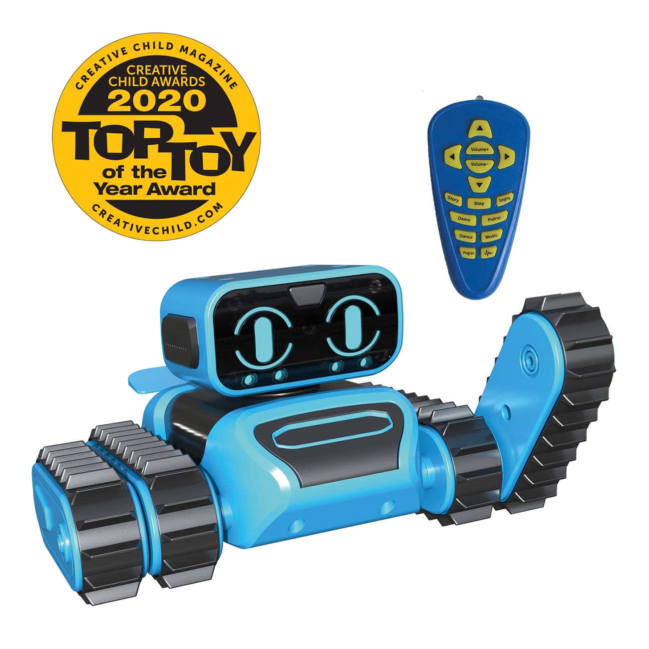 The OWI Remote Control Robot by The Boeing Store, a blue toy robot with tank-like treads and an infrared remote control, features a digital face display. Its yellow badge showcases it as the Creative Child Magazine 2020 Top Toy of the Year Award winner, perfect for any STEAM enthusiast.