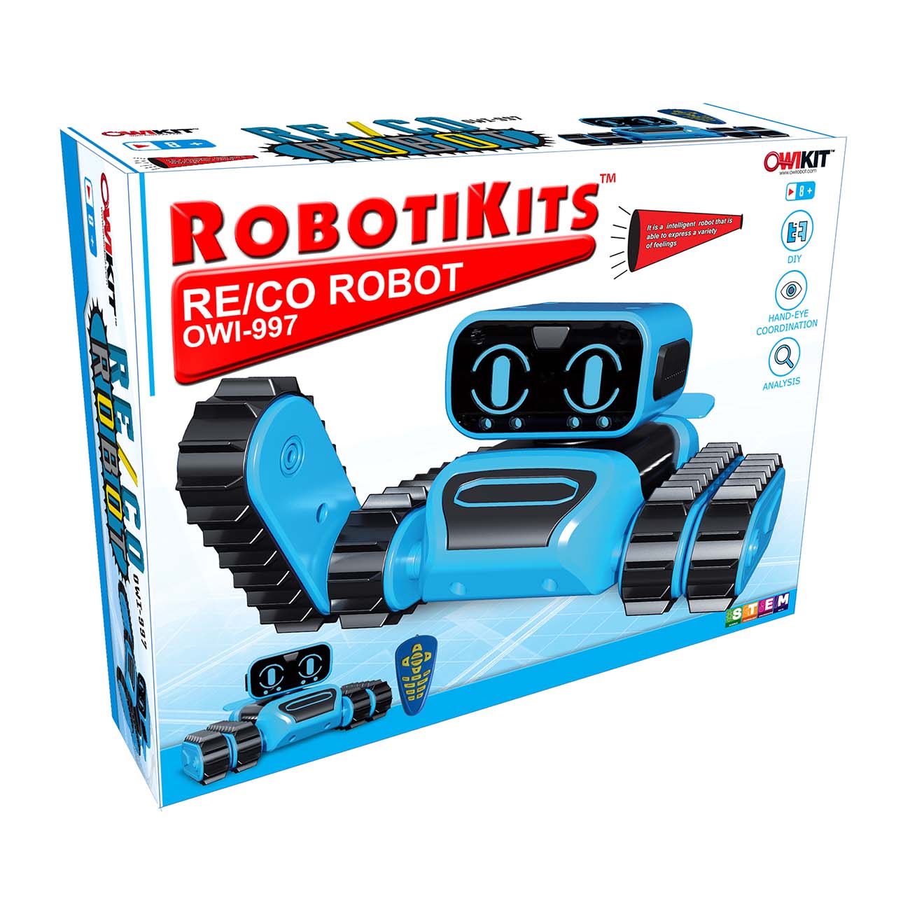 The image displays the OWI Remote Control Robot box from The Boeing Store, showcasing a blue, tracked robot with digital eyes. It highlights DIY assembly, infrared remote control, app integration, and STEM education features—honored with the Top Toy of the Year award.