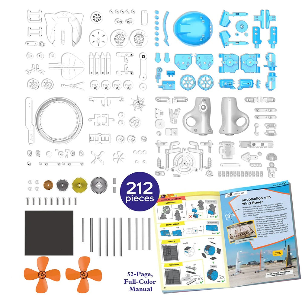 The Boeing Store’s Thames & Kosmos Windbots kit includes 200+ colorful robot parts and a step-by-step booklet to build innovative wind-powered robots—no batteries needed.