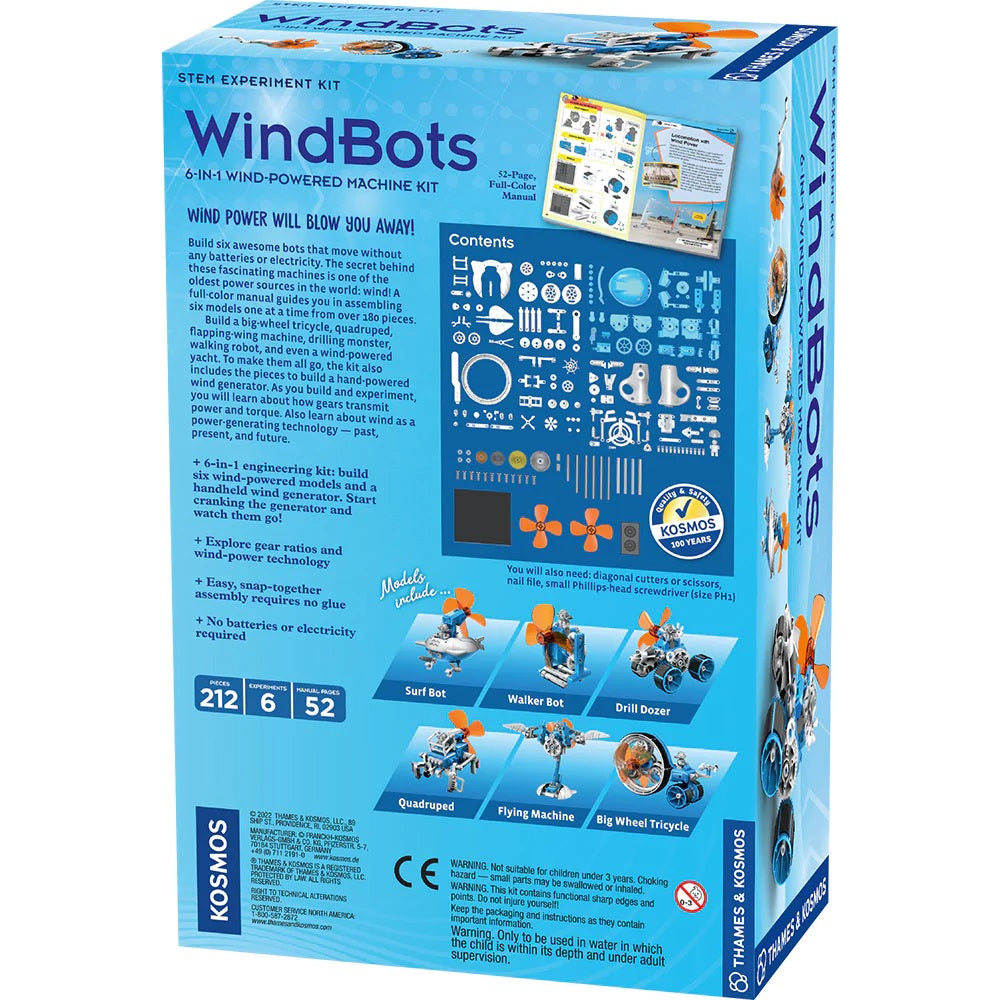 Back of a Thames & Kosmos Windbots kit, by The Boeing Store—wind-powered robots need no batteries. Includes parts, detailed assembly diagrams, six build options (surf bot, walker bot, bulldozer, quadruped, flying machine, tricycle), and product info.