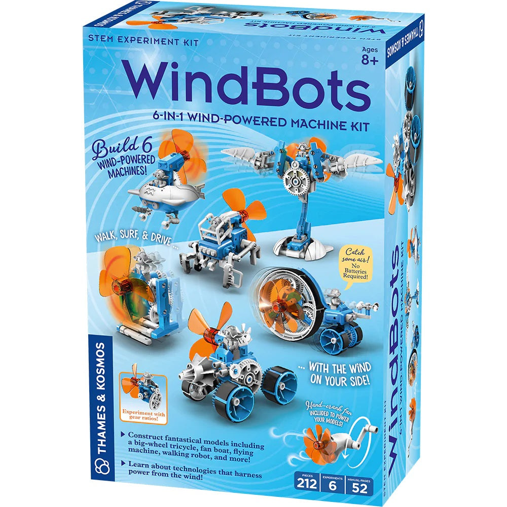 The image shows the Thames & Kosmos Windbots kit from The Boeing Store, with six wind-powered robot designs. For ages 8+, it has 212 pieces and runs on wind—no batteries needed.