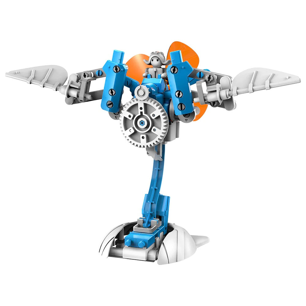 A blue and white Thames & Kosmos Windbots robot from The Boeing Store features bird-like wings, an orange propeller, and a single wheel—powered by wind, this mechanical bird requires no batteries.