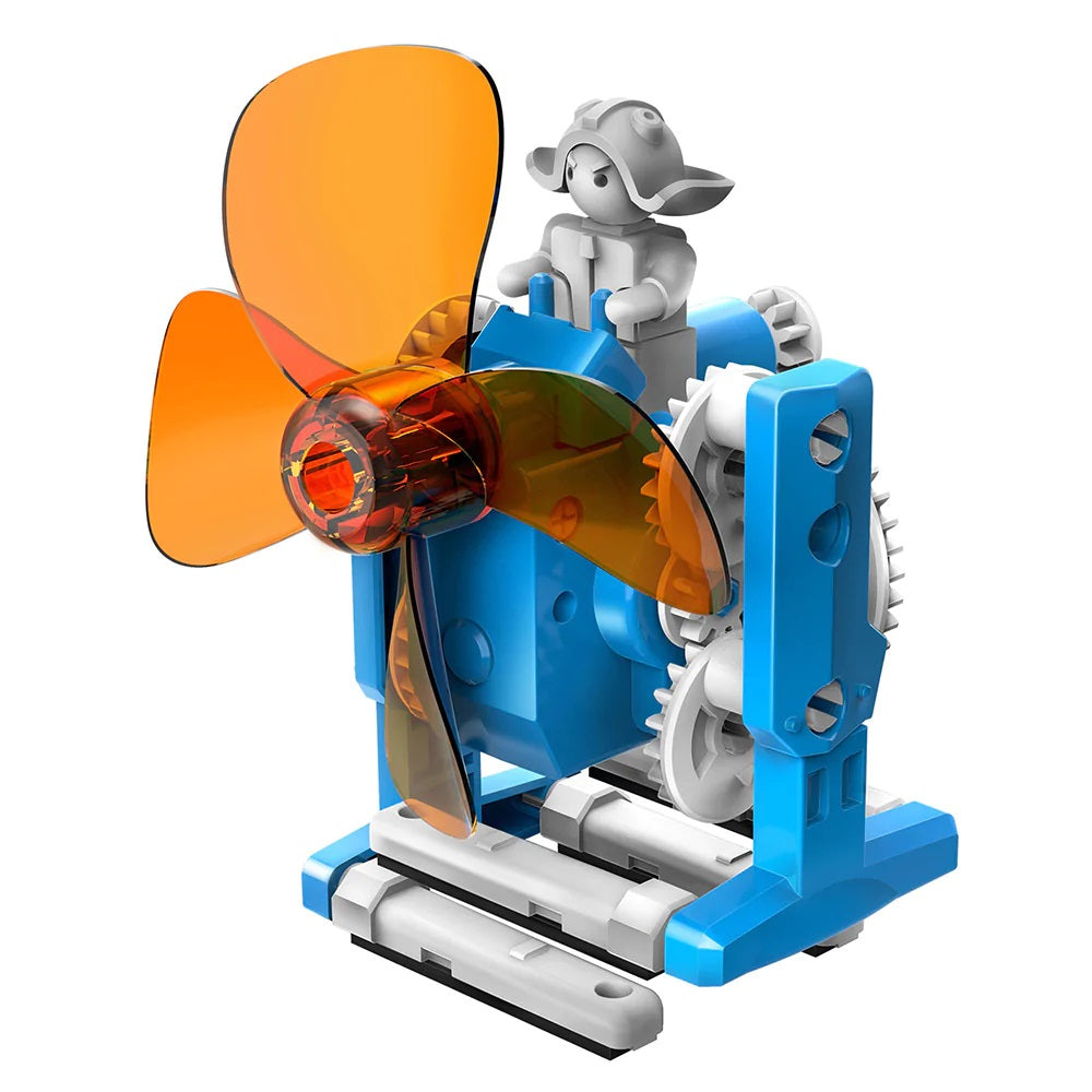 The Boeing Store’s Thames & Kosmos Windbots is a small blue and white plastic toy with gears, an orange propeller, and a gray figure on top—it’s a wind-powered robot resembling a tiny mechanical vehicle that runs without batteries.