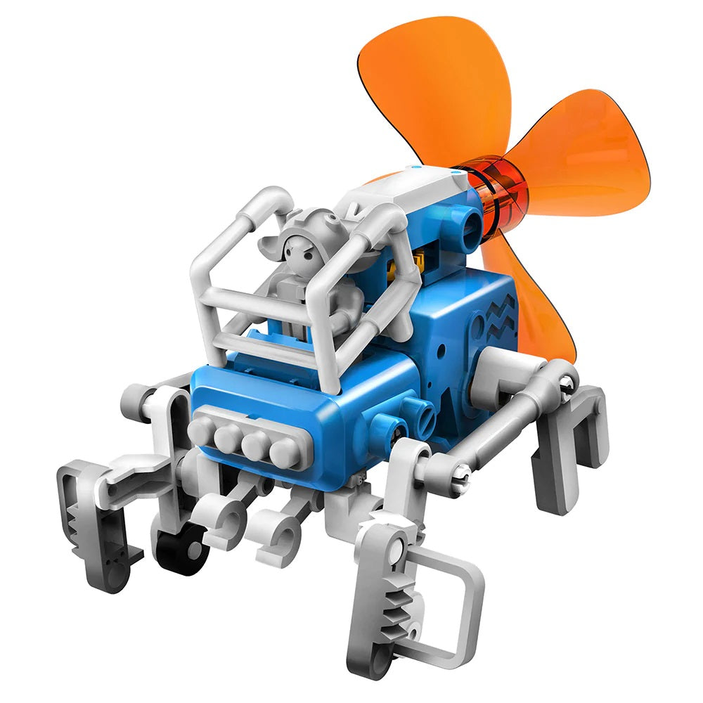 The Boeing Store Thames & Kosmos Windbots is a blue and white plastic toy robot with mechanical legs, rear propeller, and open cockpit. Powered by wind, no batteries needed, it’s a fun and educational engineering kit to assemble.