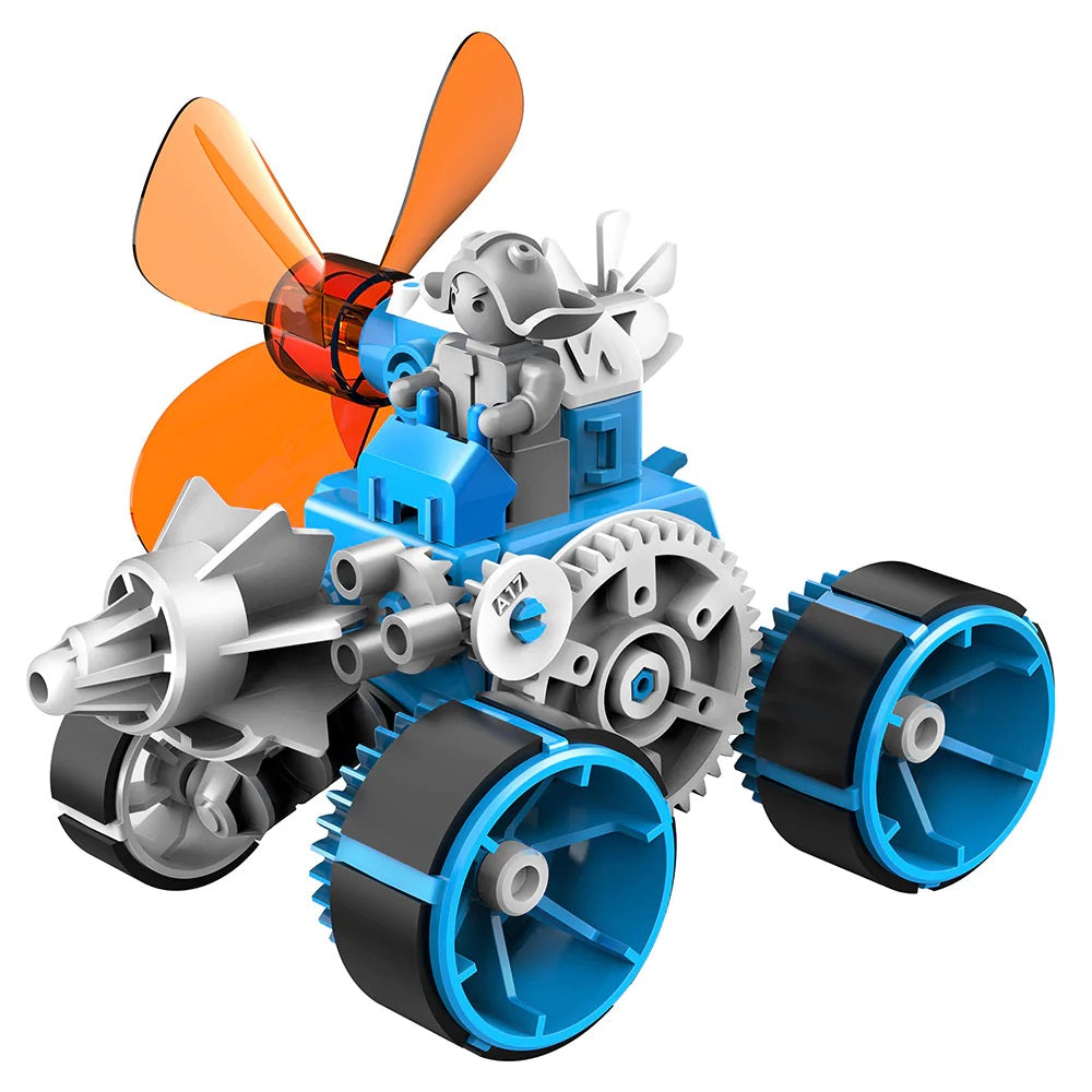 The Boeing Store's Thames & Kosmos Windbots is a colorful toy vehicle with large wheels, gears, a spinning orange propeller, and a small gray animal figure—an exciting wind-powered robot that needs no batteries.