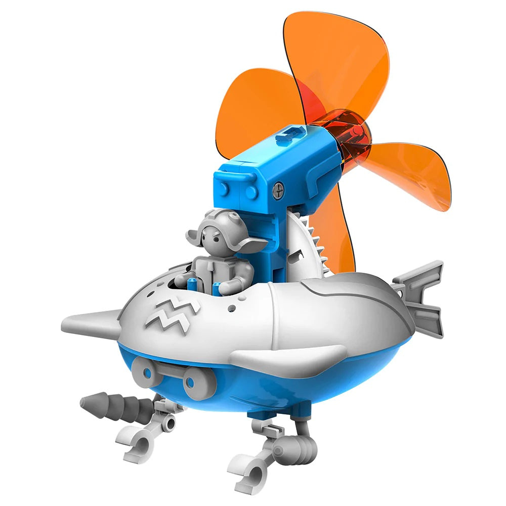The Boeing Store Thames & Kosmos Windbots is a shark-shaped toy submarine with a big orange propeller, blue and white body, side fins, landing legs, and a small gray figure at the controls—no batteries needed for endless fun.