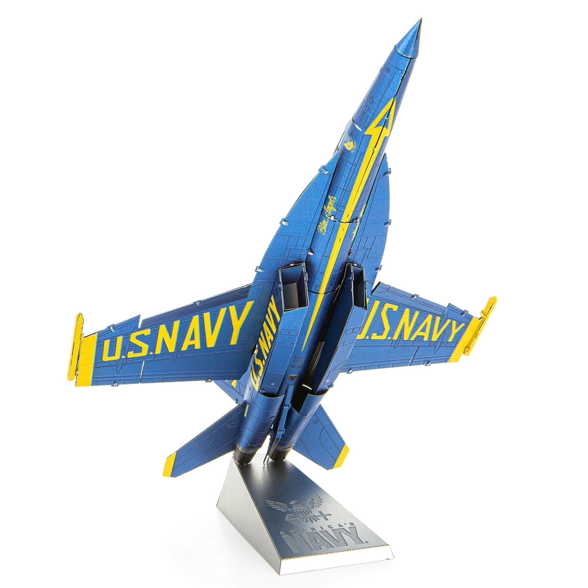 The Boeing Stores Boeing F/A-18 Super Hornet Blue Angel Toy stands on a stand, captured at an upward angle, showcasing its iconic blue and yellow accents with U.S. NAVY on the wings and fuselage to honor the U.S. Navy Blue Angels flight demonstration squadron.