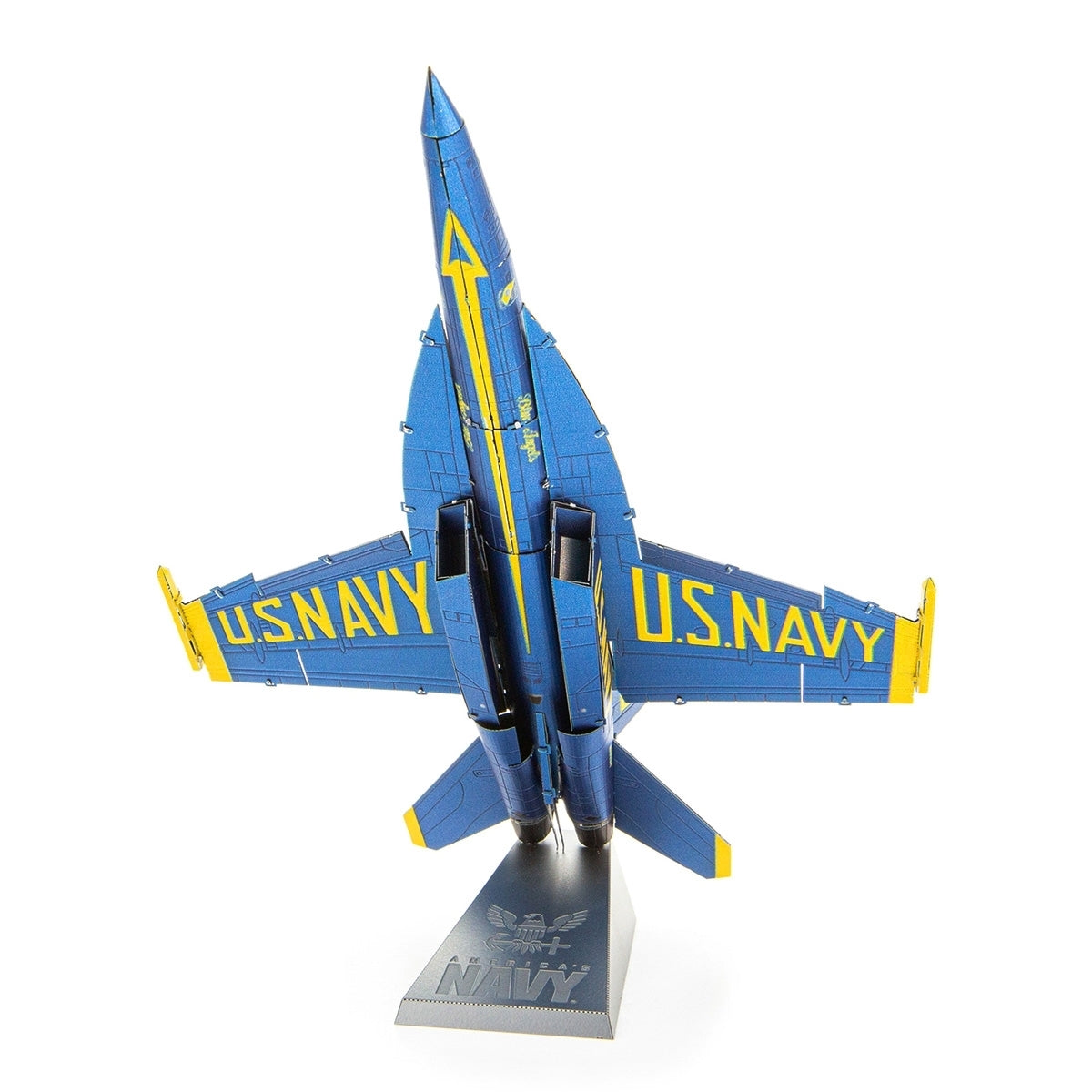 The Boeing F/A-18 Super Hornet Blue Angel Toy from The Boeing Store is showcased on a display stand. Its wings and tail feature U.S. NAVY in yellow, embodying the precision and grace of the Blue Angels flight squadron in exquisite Metal Earth detail.