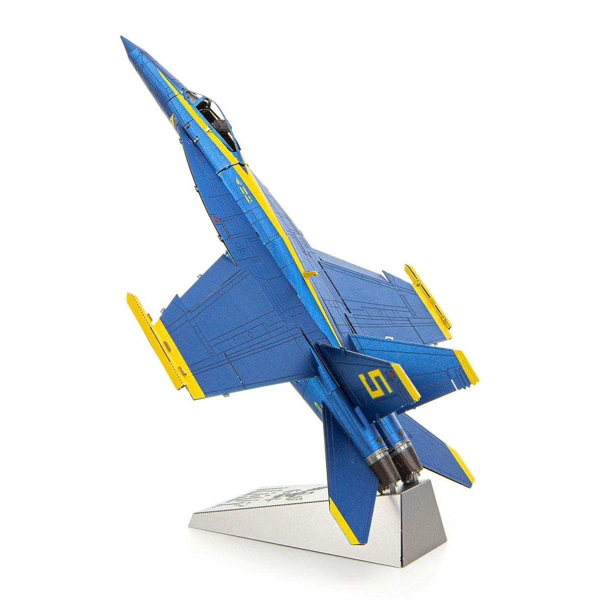 The Metal Earth model, the Boeing F/A-18 Super Hornet Blue Angel Toy by The Boeing Store, showcases a detailed blue and yellow fighter jet with the number 5 on a stand, capturing the essence of taking off in tribute to the Blue Angels squadron.