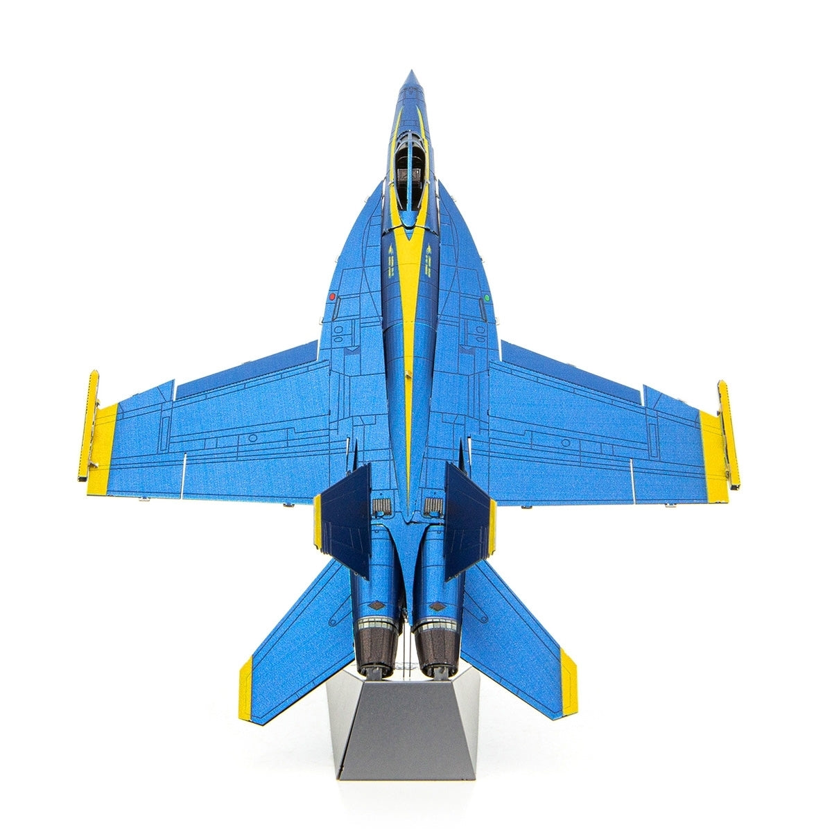 A Boeing F/A-18 Super Hornet Blue Angel Toy by The Boeing Store, displayed on a gray stand, showcases its wingspan and detailed markings from above, reminiscent of a military jet in a flight demonstration squadron.