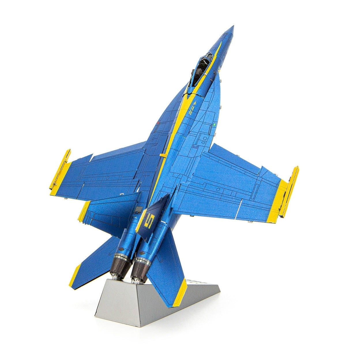 The Boeing Stores Boeing F/A-18 Super Hornet Blue Angel Toy is a Metal Earth-style model, depicting a blue and yellow fighter jet with landing gear retracted and mounted on a stand in an upward diagonal view, featuring sleek design lines and tail number 5 painted in yellow.