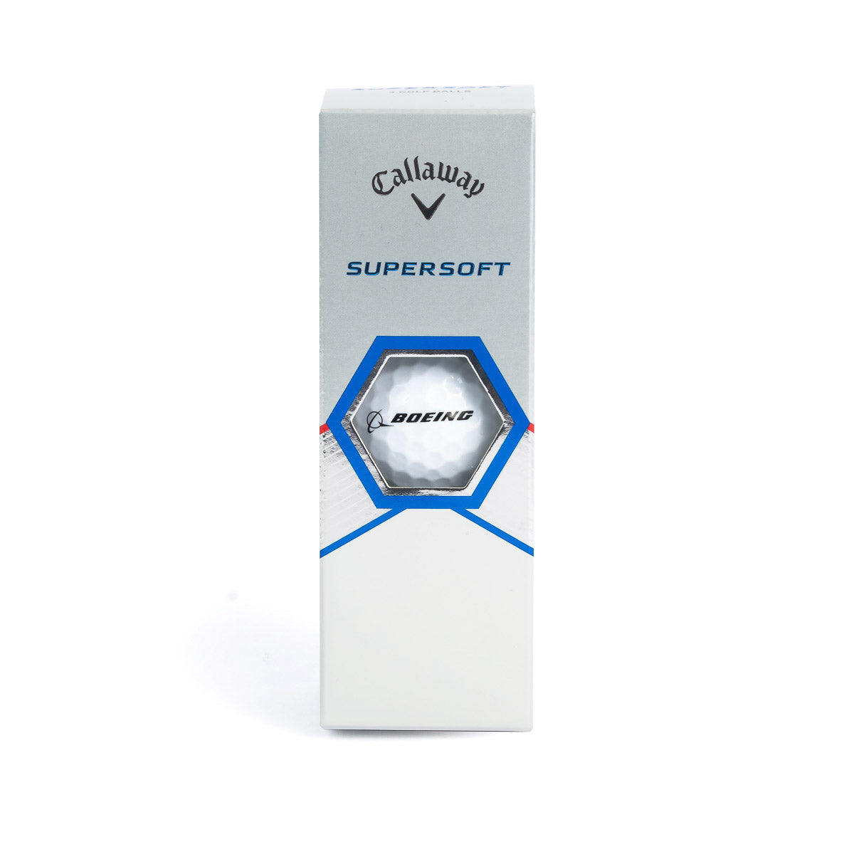 A white box of Boeing 3-Pack Supersoft Golf Balls from The Boeing Store reveals a ball featuring the HyperElastic SoftFast core. Its minimalist design, adorned with navy and red accents, highlights the advanced technology inside.