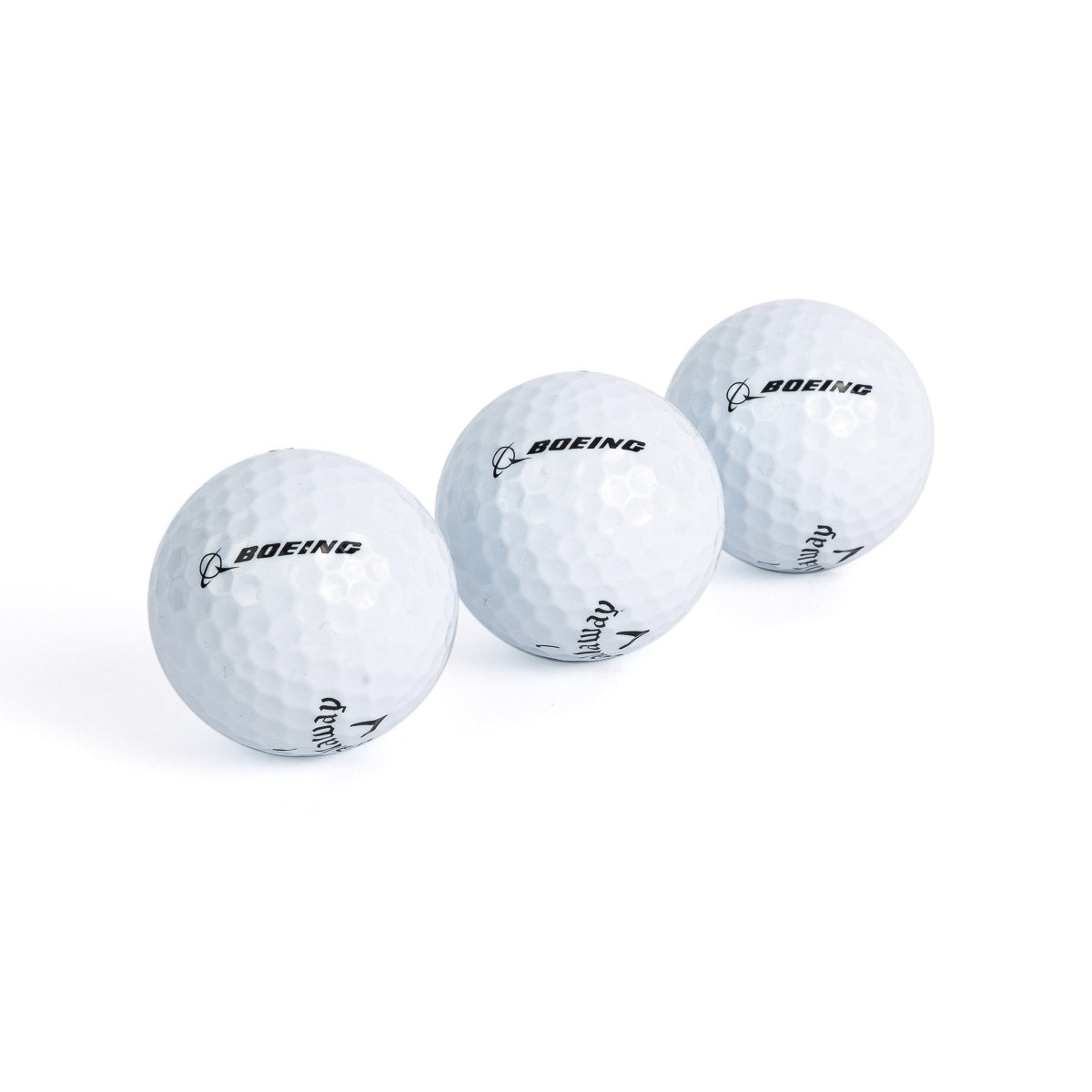 Three Boeing 3-Pack Supersoft Golf Balls are placed diagonally on a white background. Each ball, branded by The Boeing Store, features a HyperElastic SoftFast core for enhanced performance and distance.