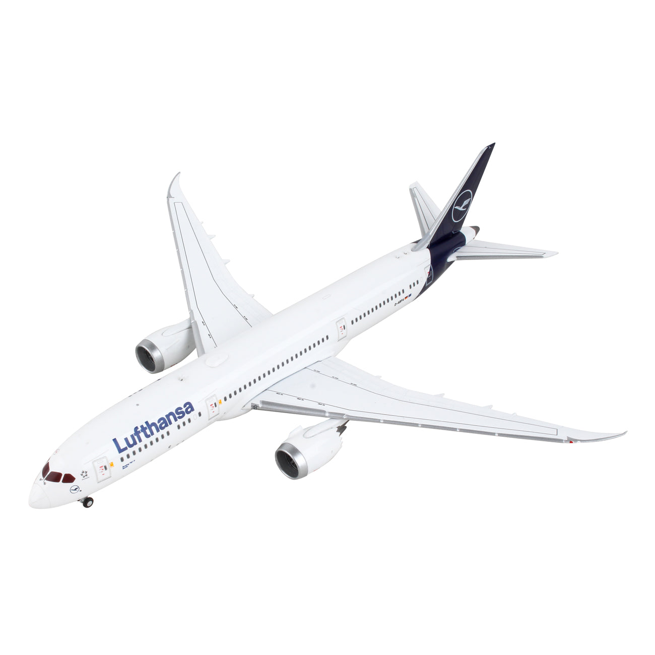 The Daron Lufthansa Boeing 787-9 1:400 Model features a white fuselage, dark blue tail with logo, landing gear, and is displayed from above against a white background.