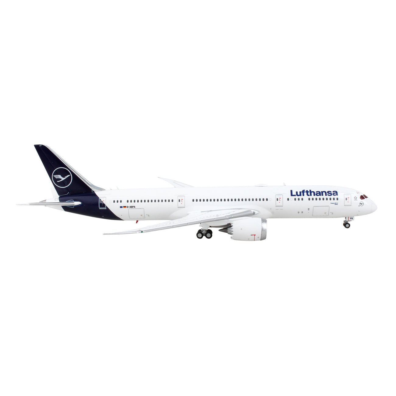The Daron Lufthansa Boeing 787-9 1:400 model features a white and dark blue livery with Lufthansa logos and text on the tail and front, shown in side view against a white background.