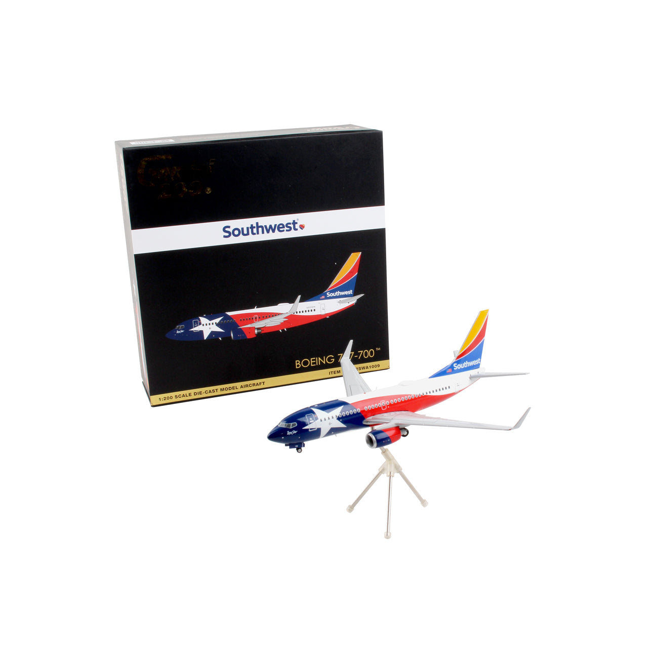 The Daron Southwest Airlines Boeing 737-700 1:200 model features Texas flag livery, intricate landing gear details, and comes on a stand. Its packaged in a black and white box showcasing the planes image and airline logo.