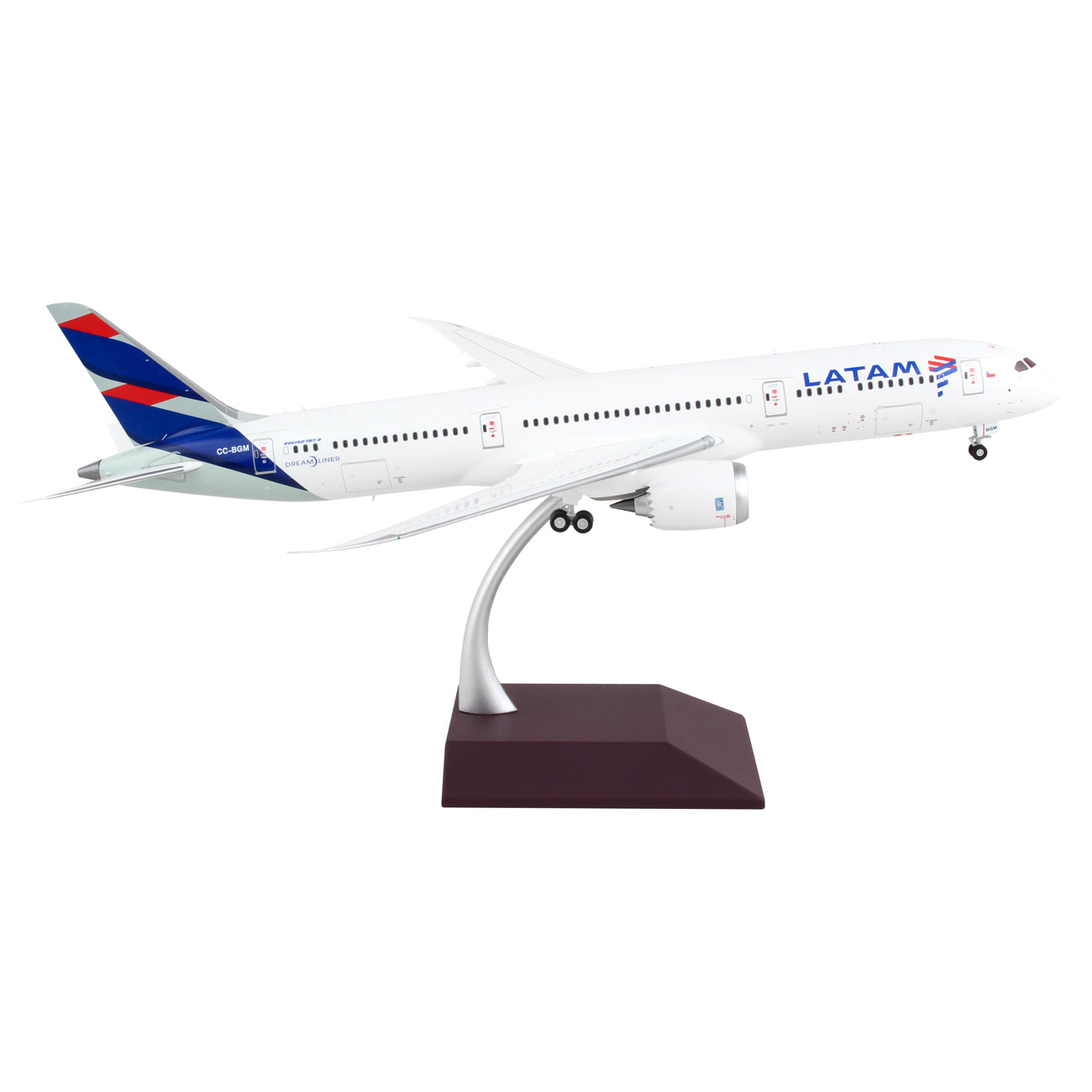 The Daron LATAM Airlines Boeing 787-9 1:200 Model is a die-cast airplane featuring the airlines logo, white fuselage, and blue and red tail accents. Includes a display stand.