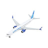 The Daron United Airlines Boeing 737 MAX 9 1:500 die-cast metal model, featuring Uniteds blue and white scheme with dual engines and winglets, is beautifully displayed against a plain white background.