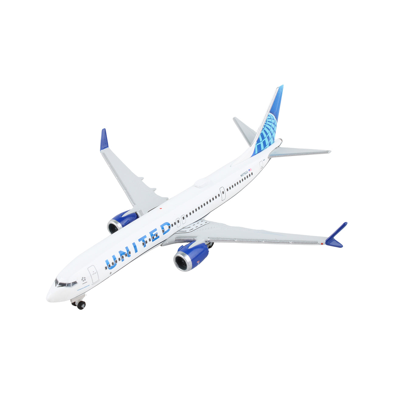 The Daron United Airlines Boeing 737 MAX 9 1:500 die-cast metal model, featuring Uniteds blue and white scheme with dual engines and winglets, is beautifully displayed against a plain white background.