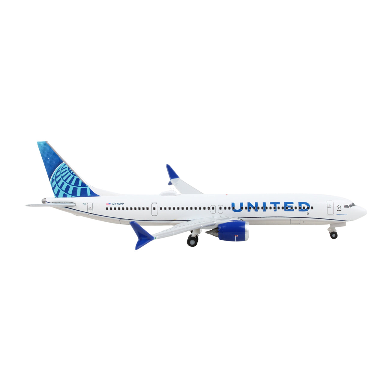 The Daron United Airlines Boeing 737 MAX 9 model, at a 1:500 scale, features a white body with blue accents and UNITED in blue on the side. It includes detailed landing gear and has a globe design on the tail, showcasing the iconic livery.