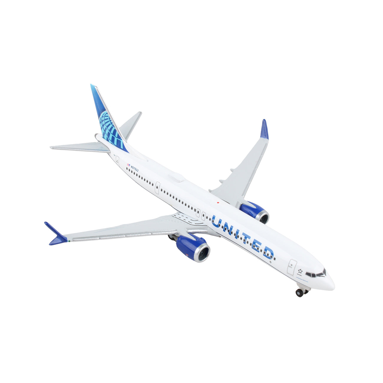 The Daron United Airlines Boeing 737 MAX 9 1:500 model features a detailed blue and white design with landing gear, die-cast metal construction, and the airlines logo on the tail and fuselage, set against a plain white background.