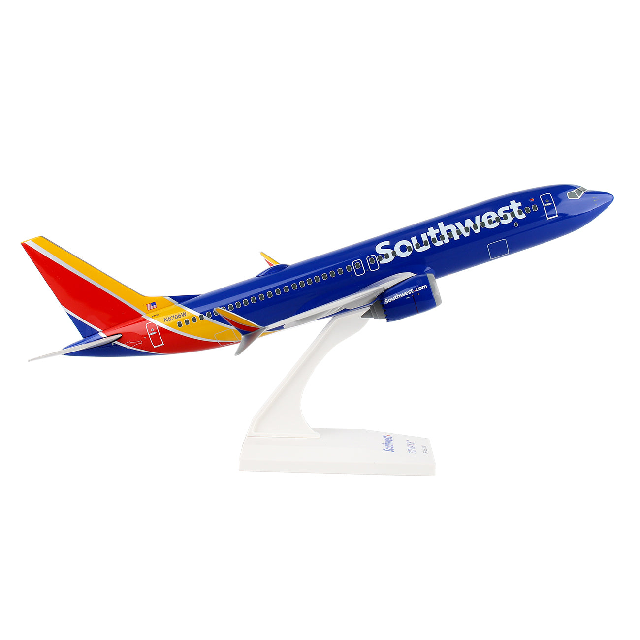 The Daron Southwest Airlines Boeing 737 MAX 8 1:130 model is a must-have for collectors. This injection molded plastic replica showcases the vibrant blue jet with striking red, yellow, and orange tail and wing accents.