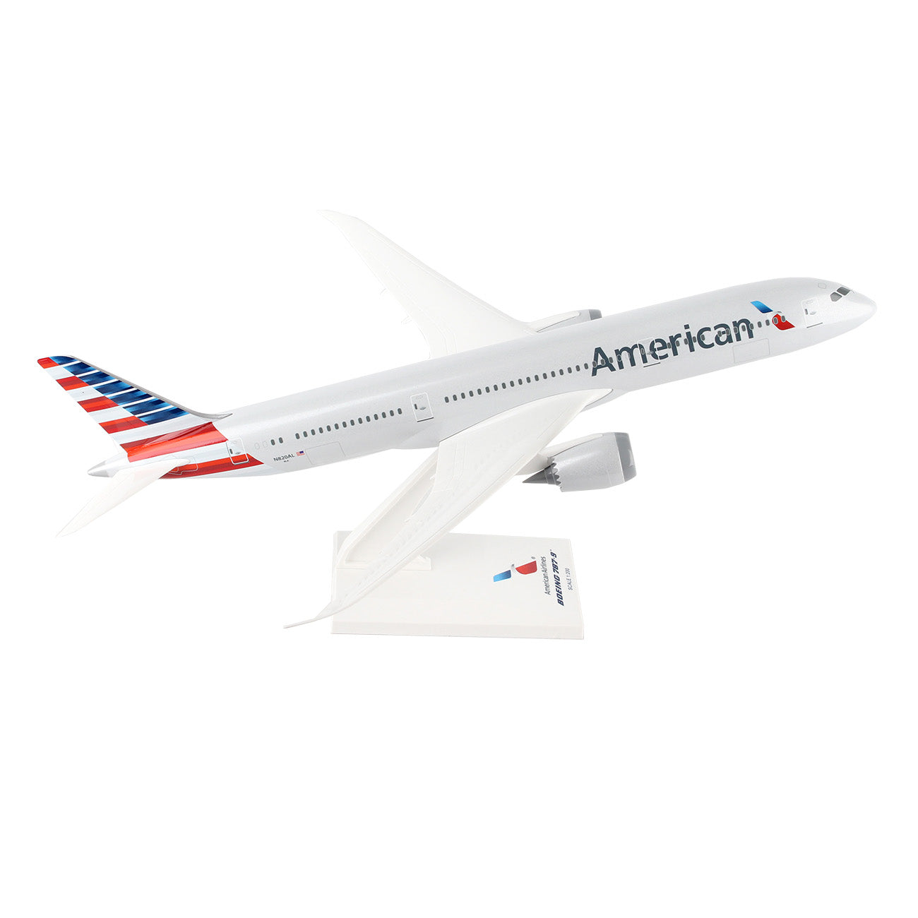 The Daron American Airlines Boeing 787-9 1:200 Model features detailed graphics, a white body, blue and red striped tail, American on the side, and comes mounted on a white display stand.