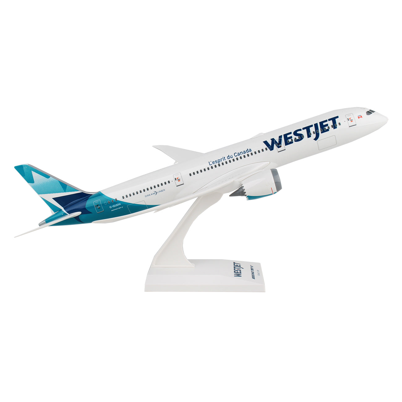 Collectors will enjoy the Daron WestJet Airlines Boeing 787-9 1:200 Model, showcasing a detailed WestJet livery with white, blue, and teal accents. It features the logo on the fuselage and includes a branded stand for display.