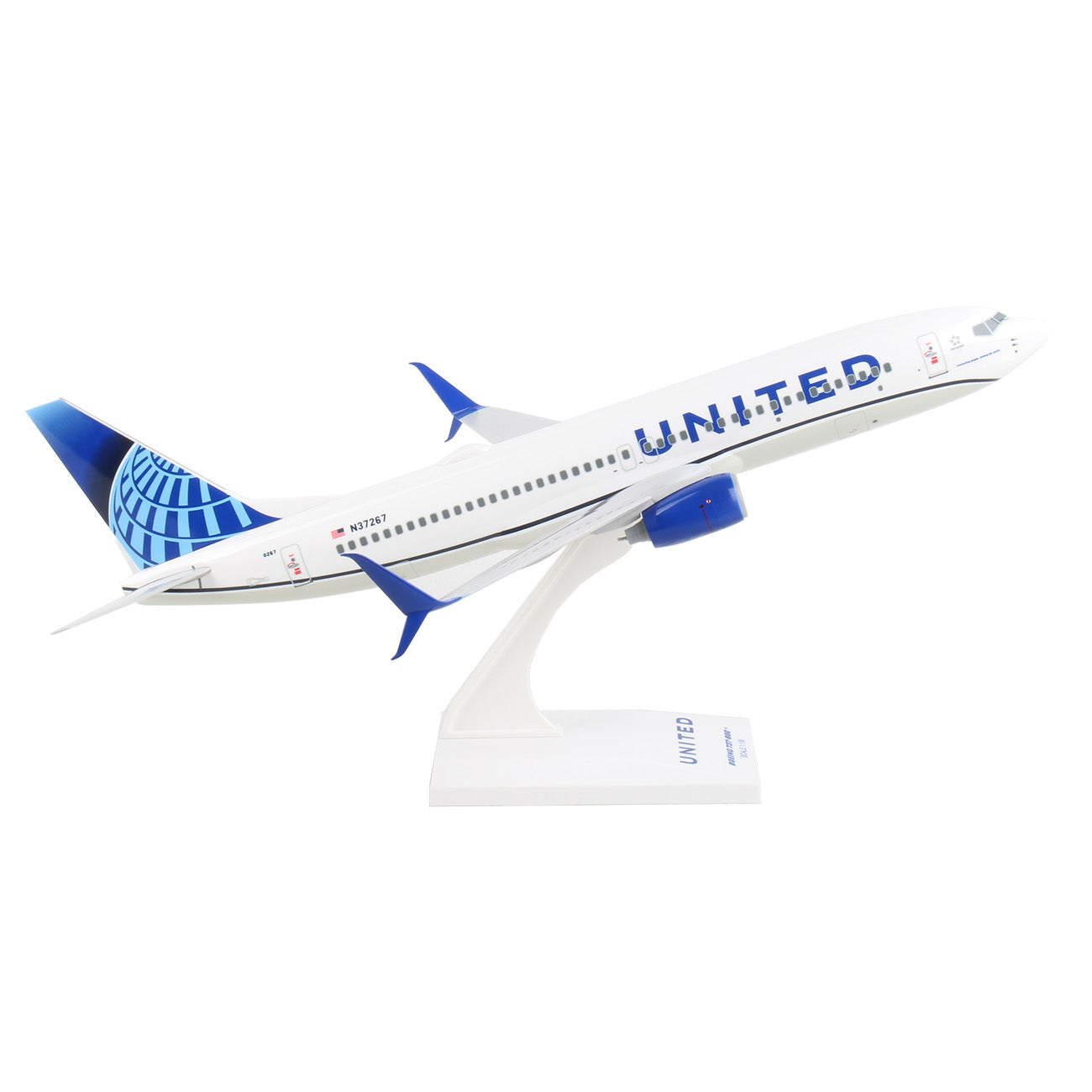 The Daron United Airlines Boeing 737-800 1:130 Model is displayed on a white stand, features authentic graphics and United livery, and is posed in a climbing position—ideal for collectors.